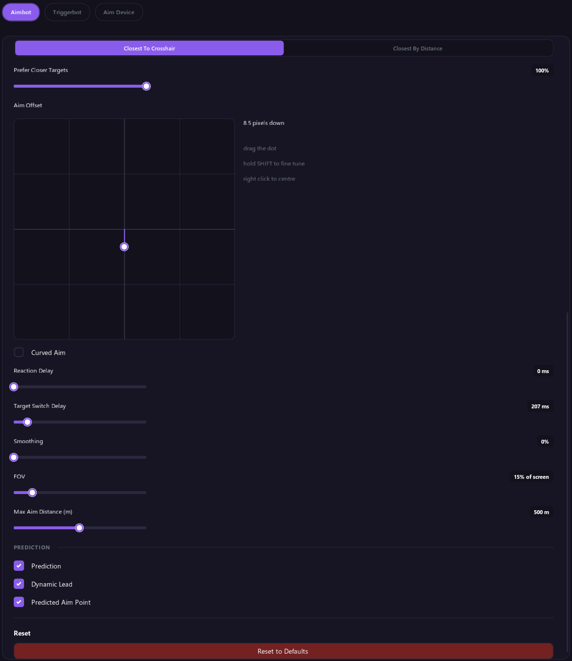 The lower part of the Aimbot section with the Aim Offset pad, Curved Aim, Reaction Delay, Target Switch Delay, Smoothing, FOV, Max Aim Distance, Prediction and Reset
