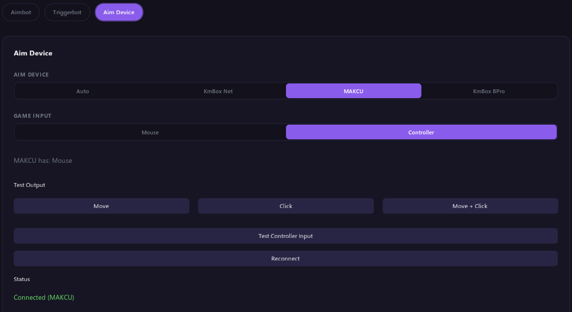 The Aim Device section with MAKCU picked, Game Input set to Controller, the MAKCU has line, Test Output, Test Controller Input, Reconnect and Status