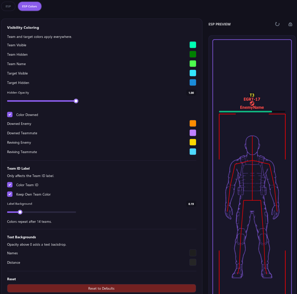 The ESP Colors section with Visibility Coloring and the four Color Downed colors, Team ID Label, Text Backgrounds and Reset, next to the ESP Preview