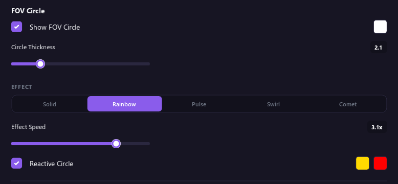 The FOV Circle options: Show FOV Circle, Circle Thickness, Effect, Effect Speed and Reactive Circle