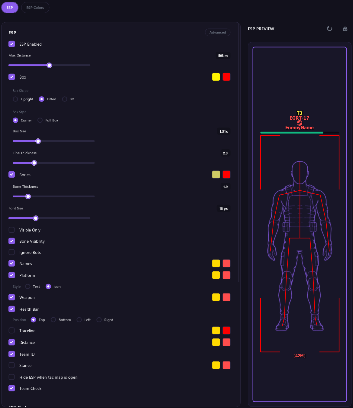 The ESP section with Box, Box Shape, Bones, Bone Visibility, Names, Platform and the other options, and the ESP Preview on the right