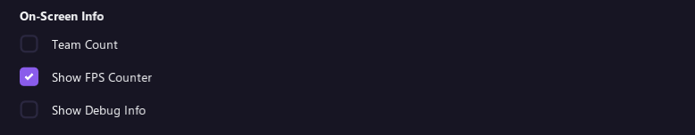 The On-Screen Info options: Team Count, Show FPS Counter and Show Debug Info
