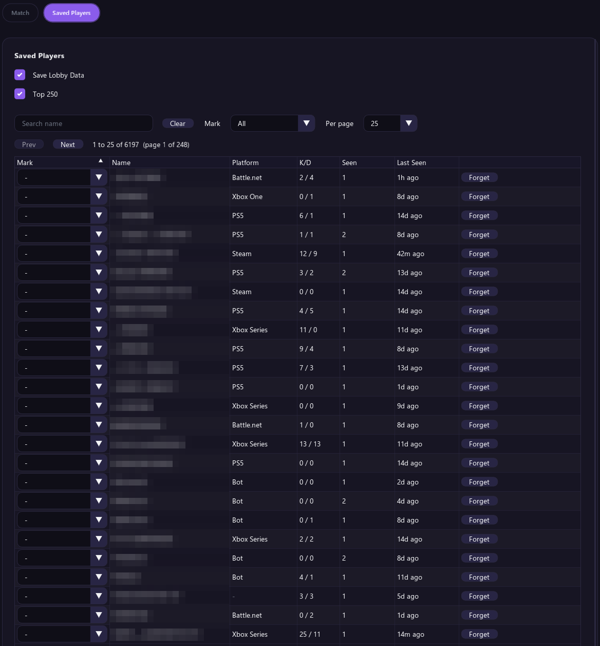 The Saved Players list with Save Lobby Data, Top 250, a name search, a mark filter and a page of players