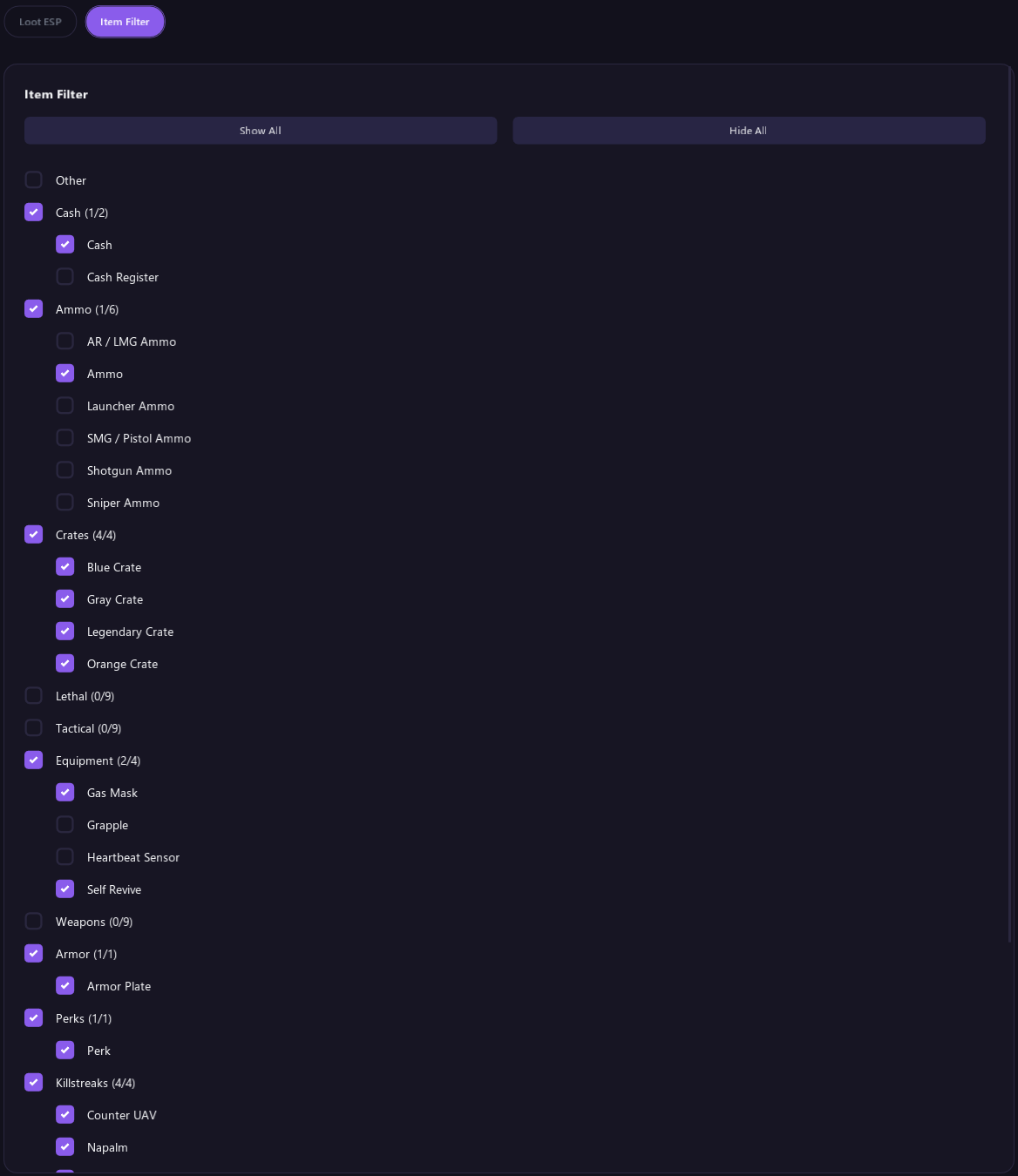 The Item Filter with Show All and Hide All and a list of item categories, each with a count