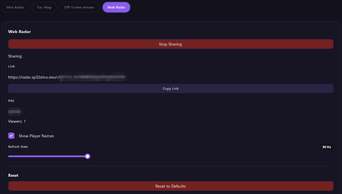 The Web Radar section while sharing, with Stop Sharing, the link, Copy Link, the PIN, the number of viewers, Show Player Names and Refresh Rate