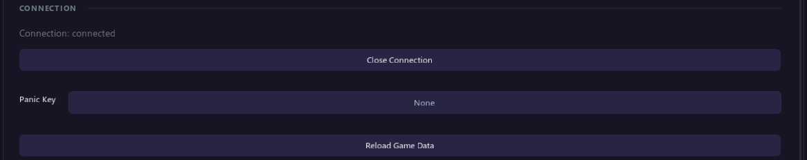 The Connection part: connection status, Close Connection, Panic Key and Reload Game Data