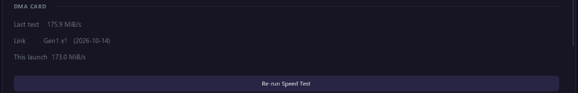 The DMA Card part with the last speed test result and the Re-run Speed Test button