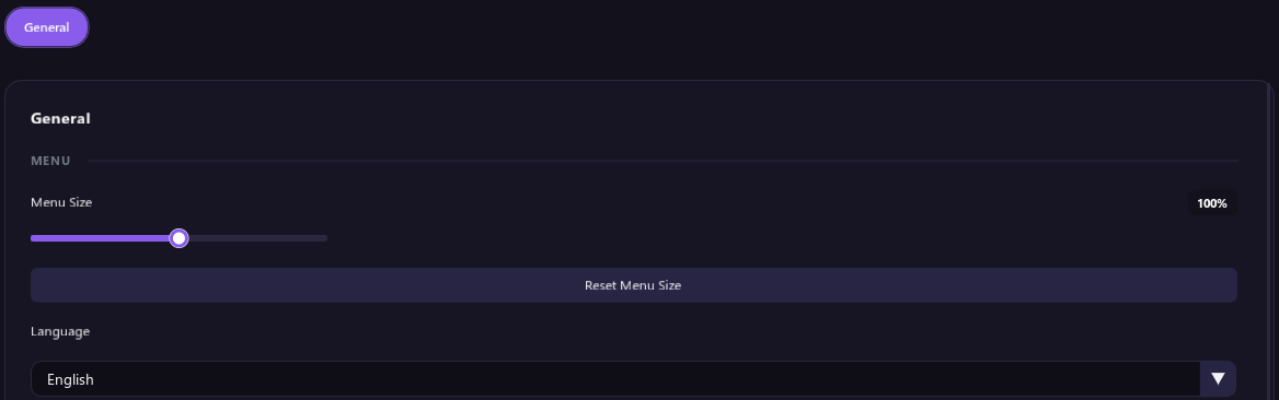 The top of the Settings tab with Menu Size, Reset Menu Size and Language