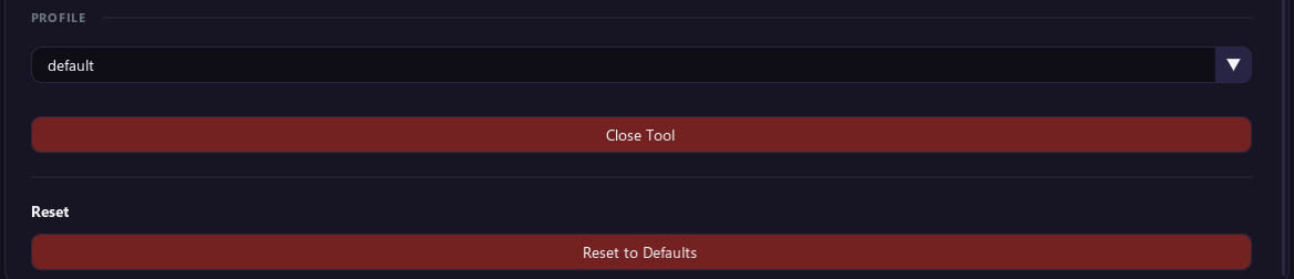 The Profile list, the Close Tool button and Reset to Defaults at the bottom of the Settings tab