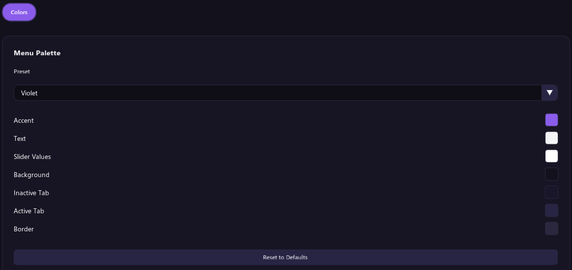 The Menu Palette with the Preset list, the seven menu colors and Reset to Defaults