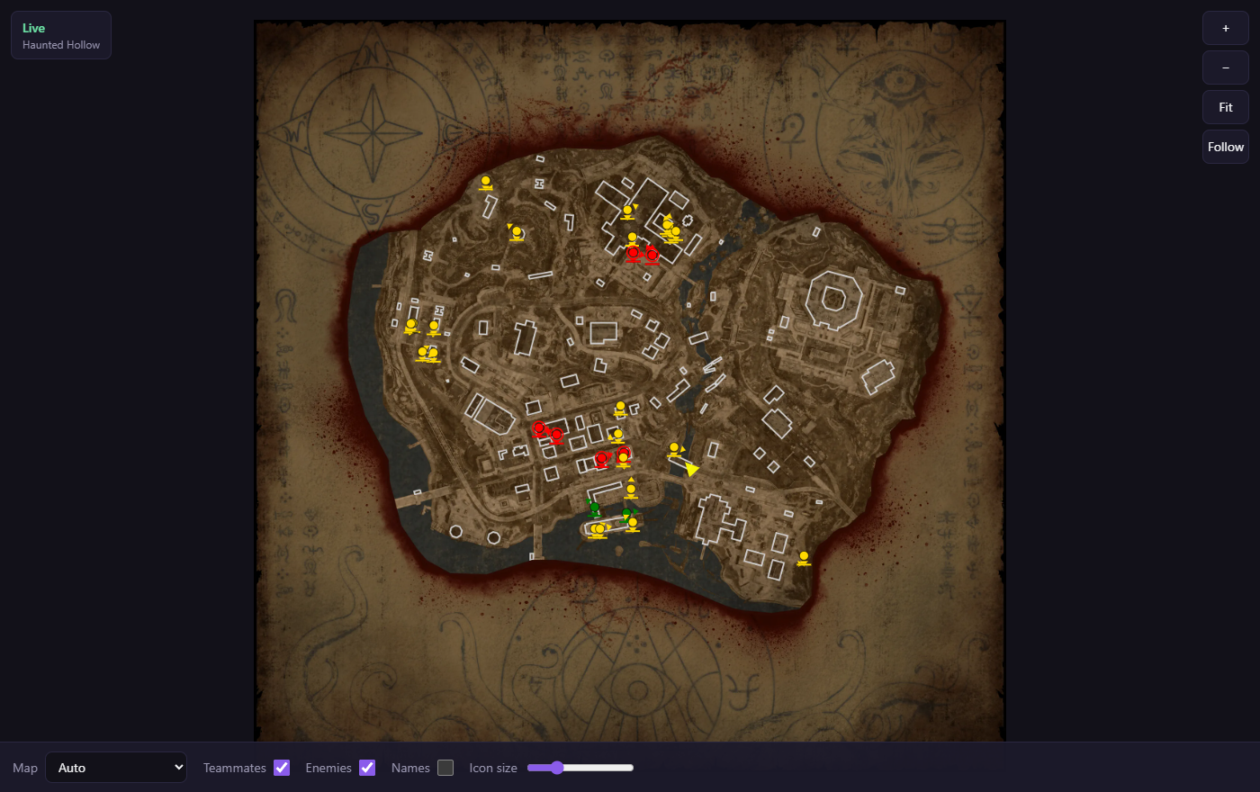 The web radar in a browser, showing the Haunted Hollow map with player dots, the status and map name in the top left, zoom buttons in the top right and the options bar at the bottom